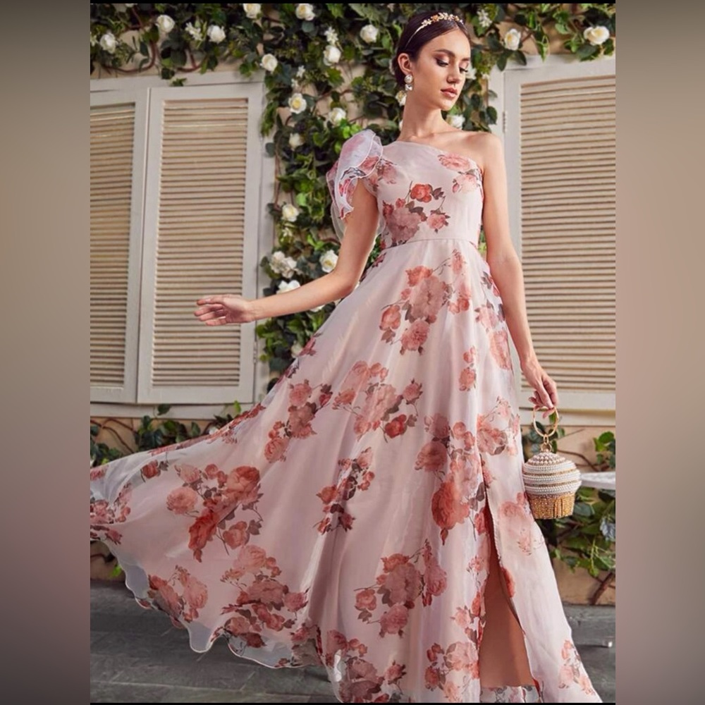 Brand New With Tags  Off Shoulder Knot Side Floral Maxi 
Bridesmaid Dress